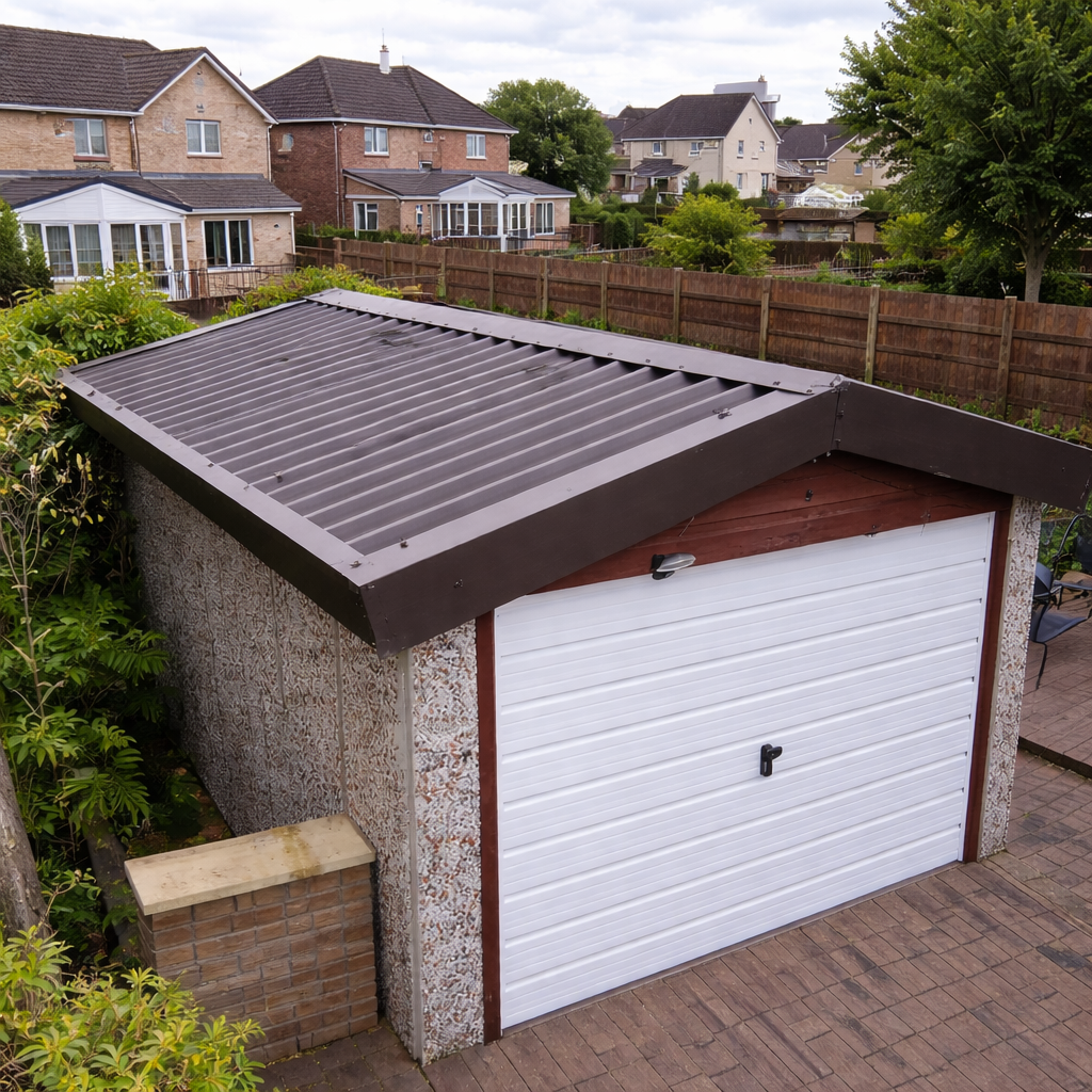 Detached pebble-dash garage with a newly installed corrugated metal roof and white up-and-over door, set in a suburban Lancashire neighbourhood.