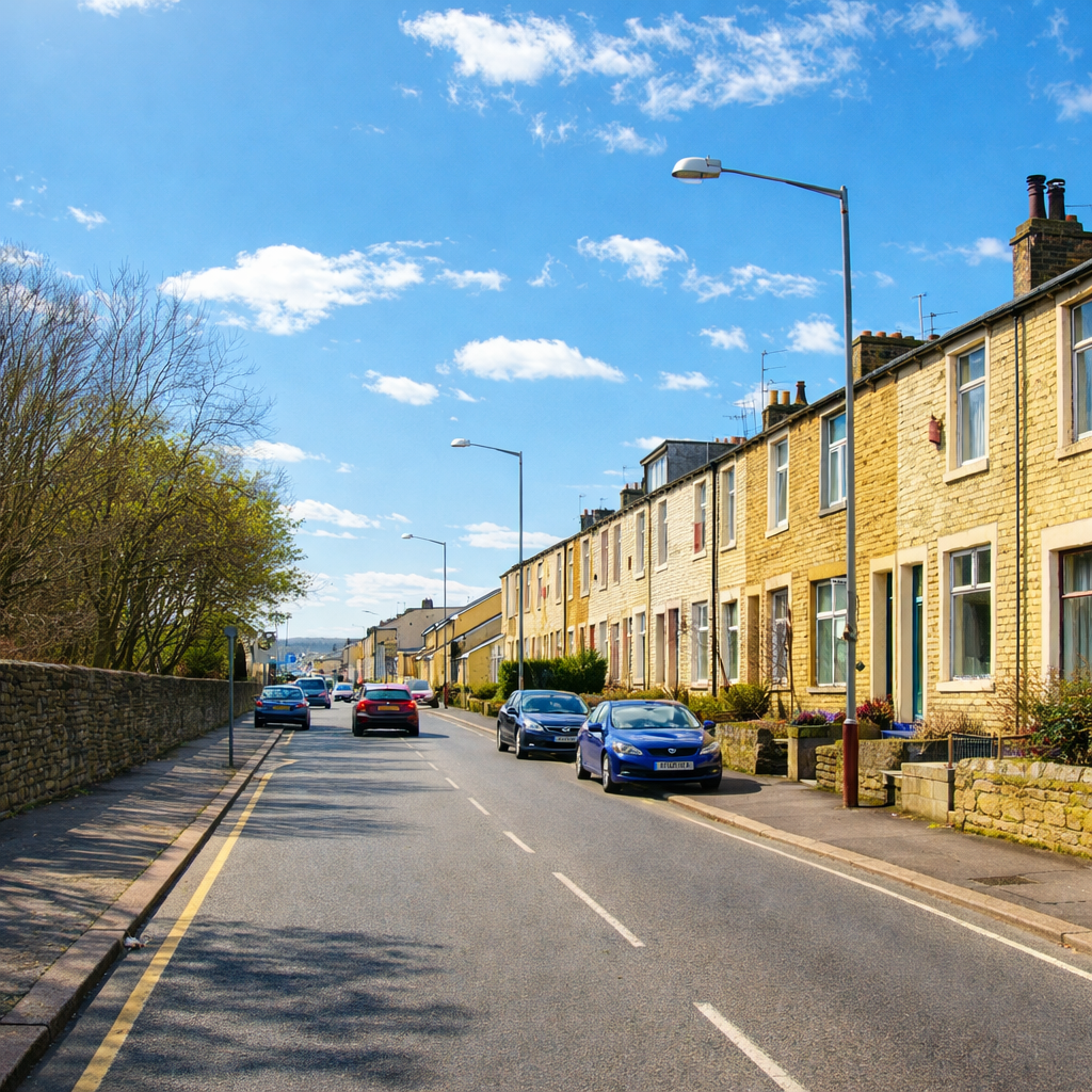 Sunny residential street in Accrington showing traditional UK terraced houses with slate roofs