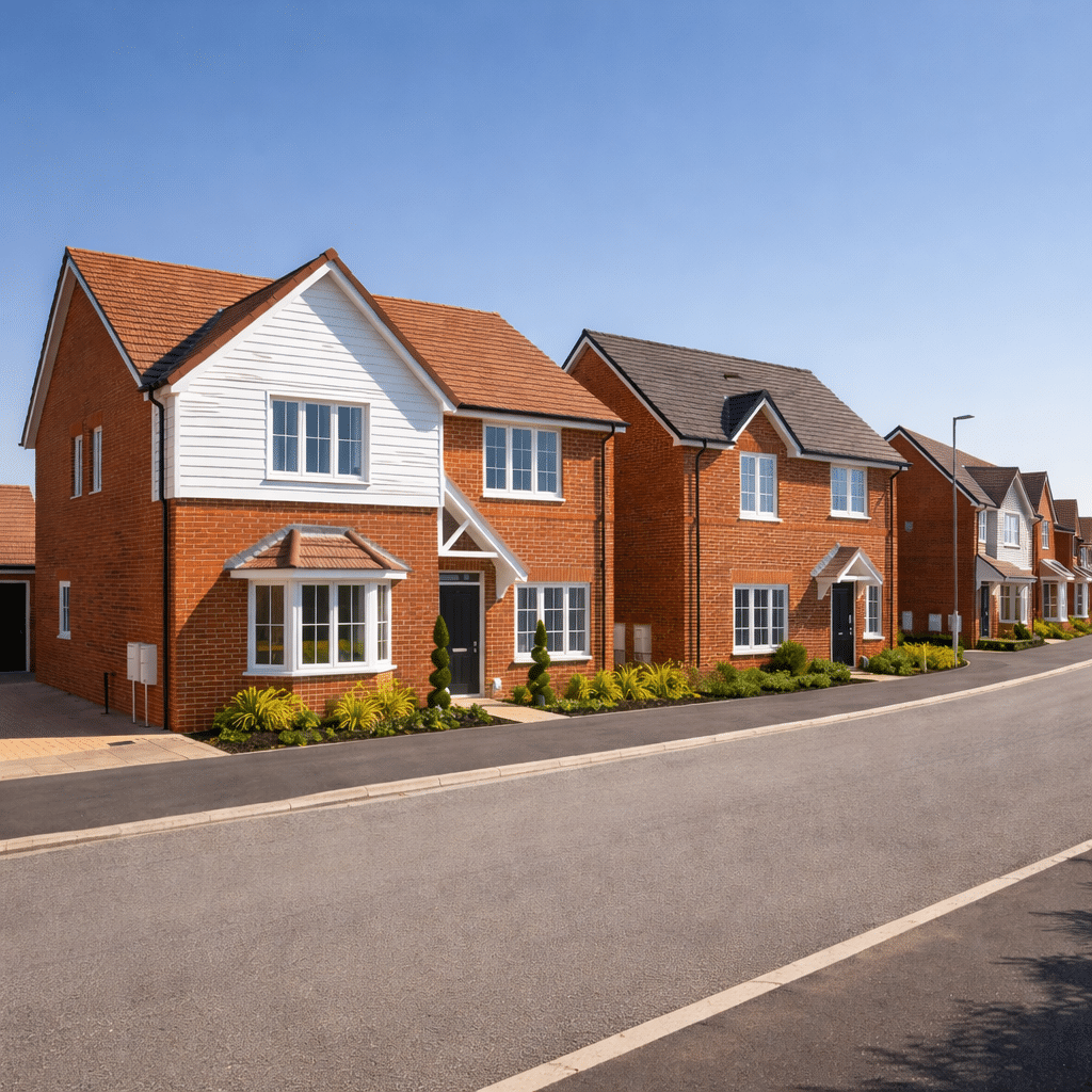 Modern homes with tiled roofing on residential street in Preston Lancashire