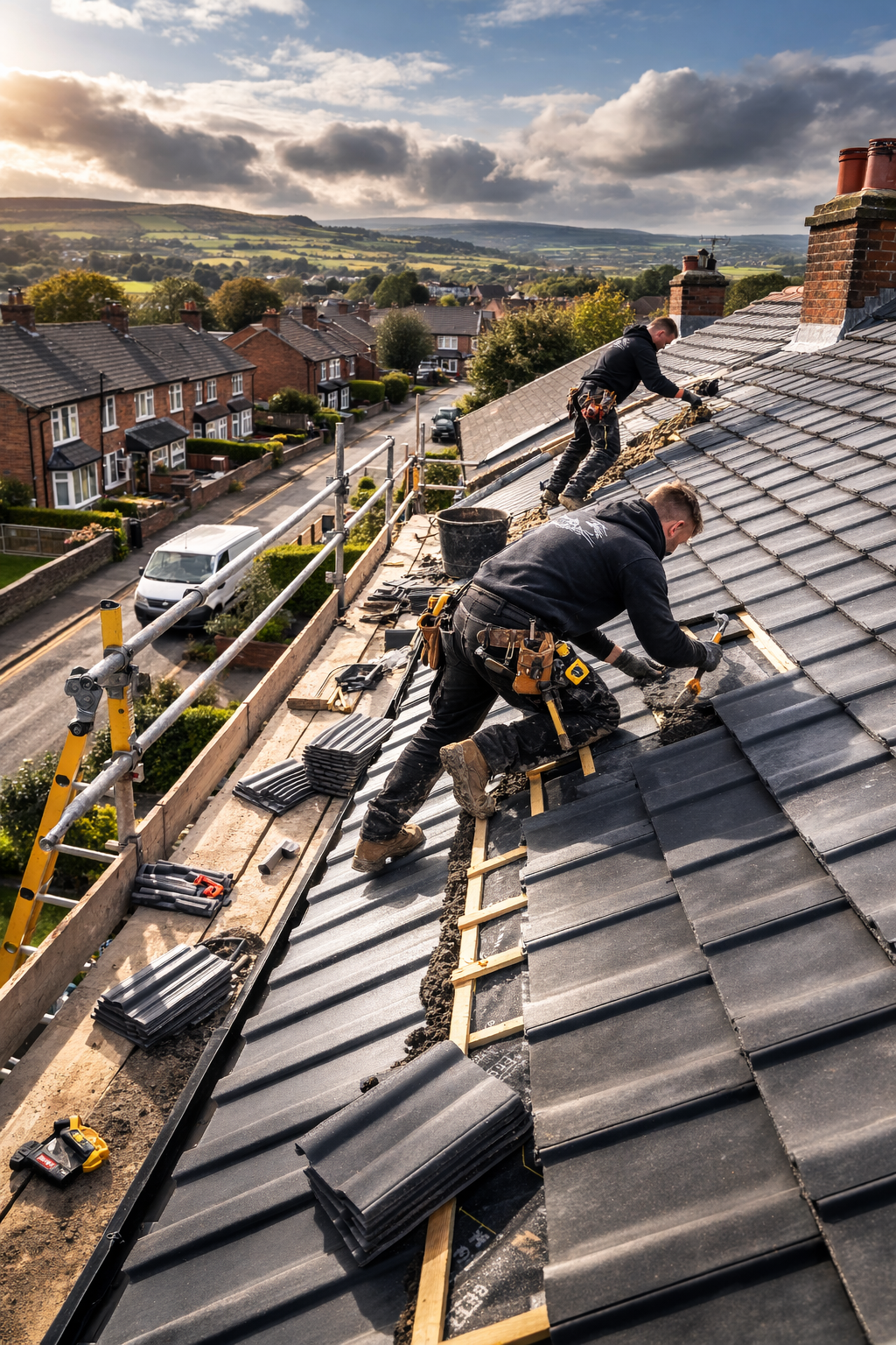 Two roofers installing roof tiles on a residential house in Lancashire with terraced homes and countryside in the background.